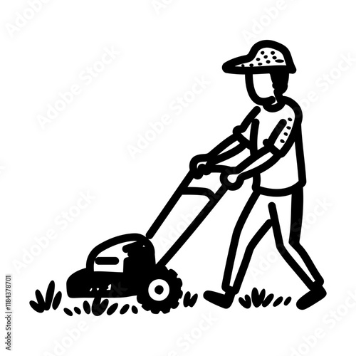A hand drawn icon of a person cutting grass with lawn mower
