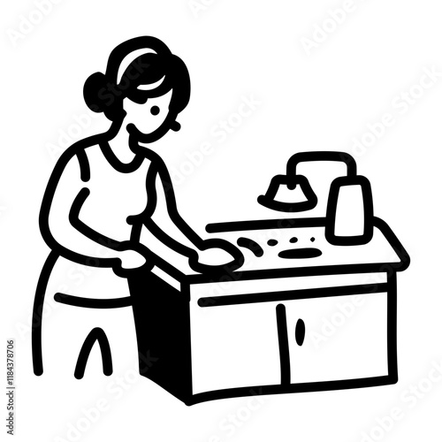 A hand drawn icon of a woman cleaning kitchen