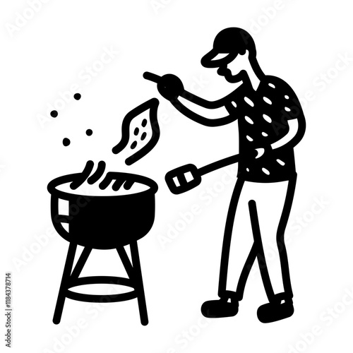 A hand drawn icon of a person cooking grill food