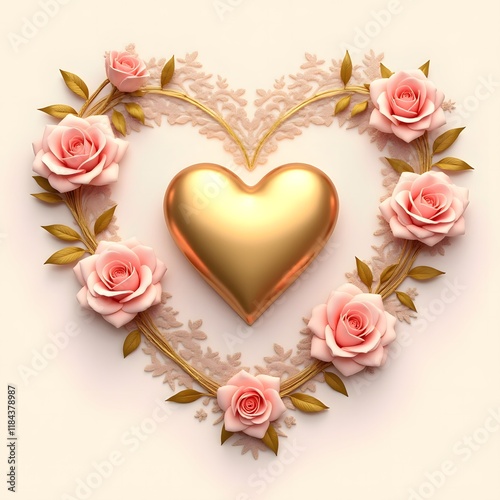 Romantic Gold Heart with Pink Roses and Lace Valentine s Day Design