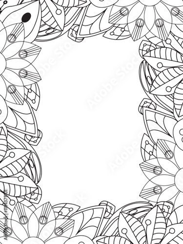 All these designs are hand-drawn and unique 
Beautiful Flowers Border black and white illustration for adult coloring book,
This is a printable Beautiful Zentangle Coloring page for KDP Interior,
