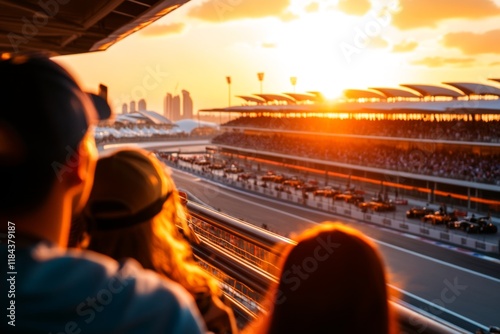 The Yas Marina Circuit in Abu Dhabi during a Formula 1 race, with cars speeding around the track and grandstands filled with spectators