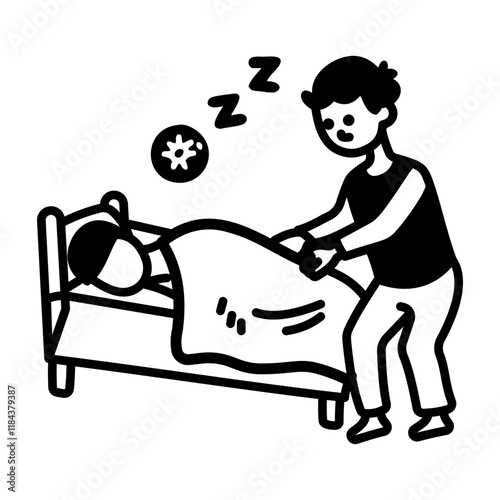 A father wake up his child, hand drawn style icon