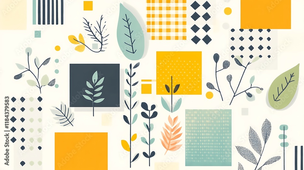Obraz premium Abstract Botanical Collage with Geometric Shapes and Patterns
