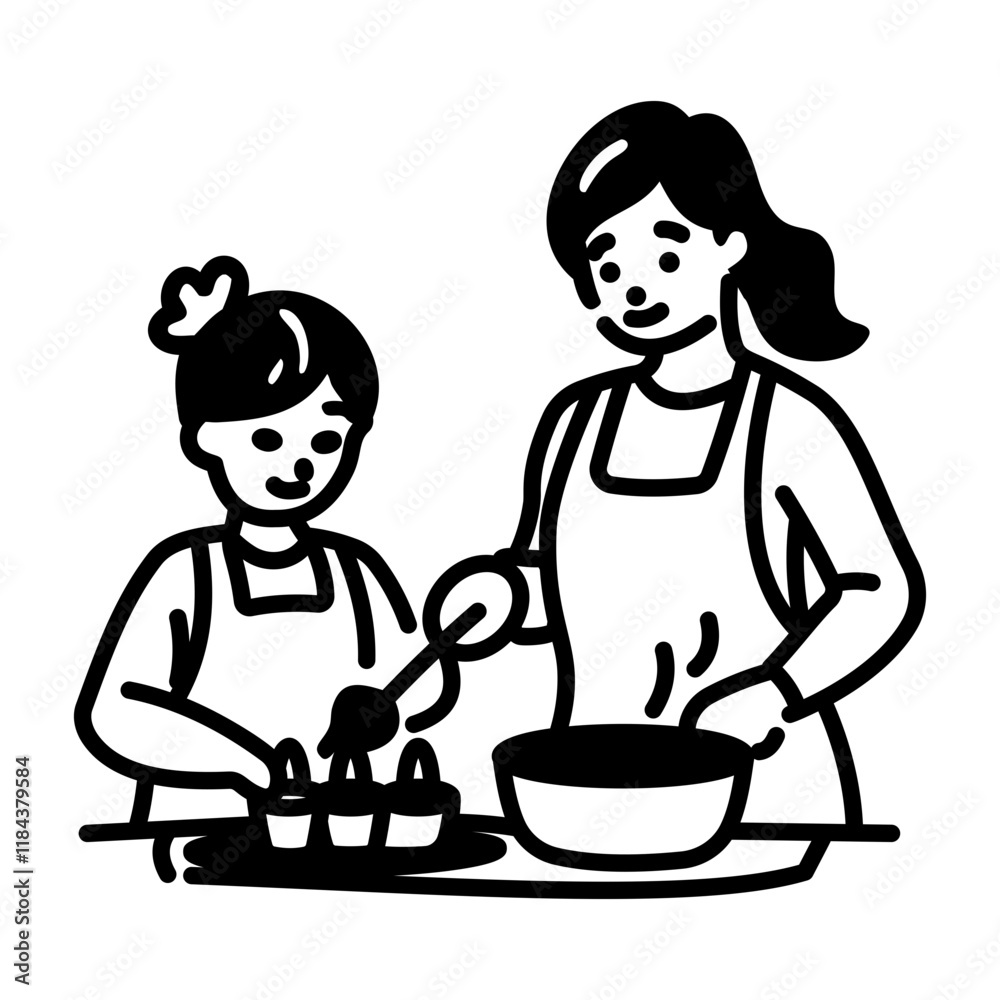 Mother cooking with his daughter, hand drawn style icon Mother cooking with his daughter, hand drawn style icon