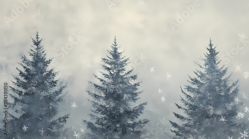 Foggy fir trees stand frostily against a grey winter sky, their branches etched in delicate lines as snowflakes swirl around them, winter wonderland, frozen foliage. Frostleaf. Illustration photo