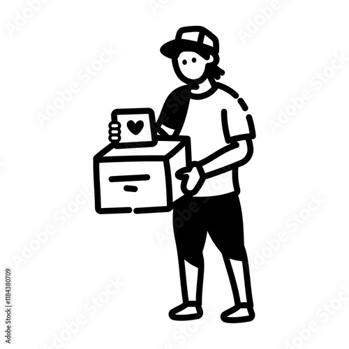 Doodle style icon showing a street fundraiser holding donation box