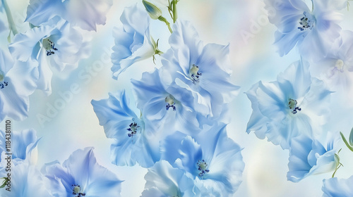 Repeating delphinium flower pattern on abstract wallpaper in soft pale blue hues.