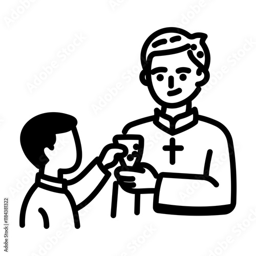 Child giving communion to priest, doodle icon