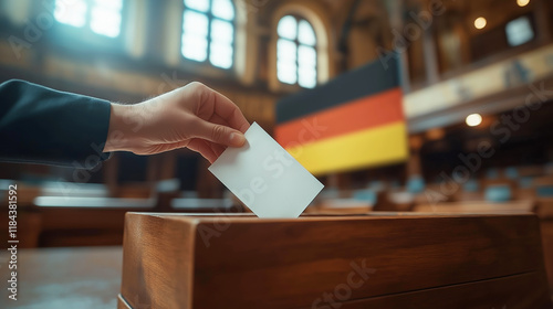 Parliamentary elections in Germany. In the foreground is a ballot box, symbolizing the voting process. Germany flag background