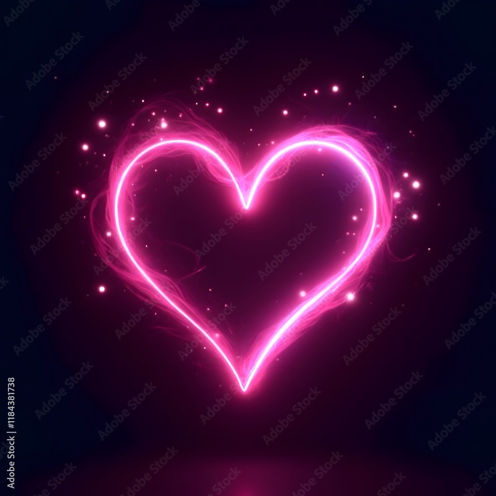 Glowing Pink Neon Heart Shape with Magical Sparkles Romantic Love Concept Glowing Pink Neon Heart Shape with Magical Sparkles Romantic Love Concept