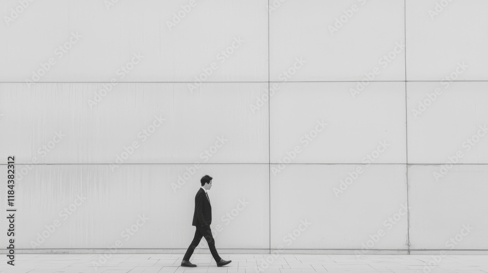 Man in suit walking along a modern, minimalist building. Man in suit walking along a modern, minimalist building.