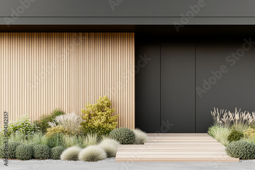 Modern house terrace with grey wall and wooden accents, surrounded by lush greenery