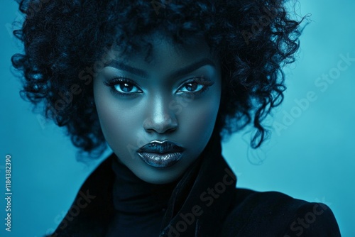 Stunning calm black girl - for ads, ad page ad and social media use. Commercial digital ads concept artwork. Short hairdo - curly hair. Black model in portraiture. Black girl in concept art.