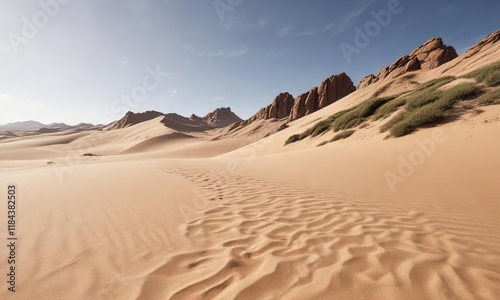 Sandy dunes stretching towards a rocky outcrop, rocky outcrop, granite boulders, Texas landscape