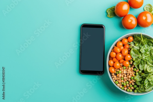 Concepts of Mental Health and Digital Wellbeing. A smartphone rests beside a bowl of fresh salad and oranges on a vibrant teal background.