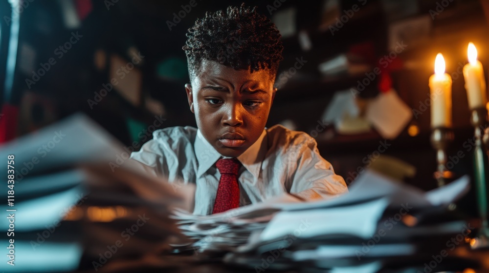 A focused child surrounded by scattered papers, capturing the essence of determination and concentration in the pursuit of knowledge and understanding. A focused child surrounded by scattered papers, capturing the essence of determination and concentration in the pursuit of knowledge and understanding.