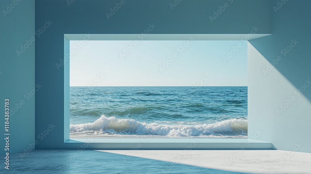Fototapeta premium Serene Ocean View from Modern Minimalist Room Interior Design