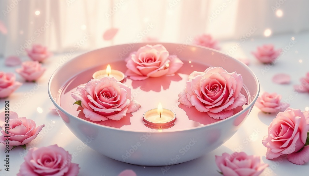 Soft watercolor illustration of roses and candles floating in a bowl of water Soft watercolor illustration of roses and candles floating in a bowl of water