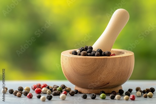 Grinding mixed peppercorns in wooden mortar natural setting close-up photography culinary art photo