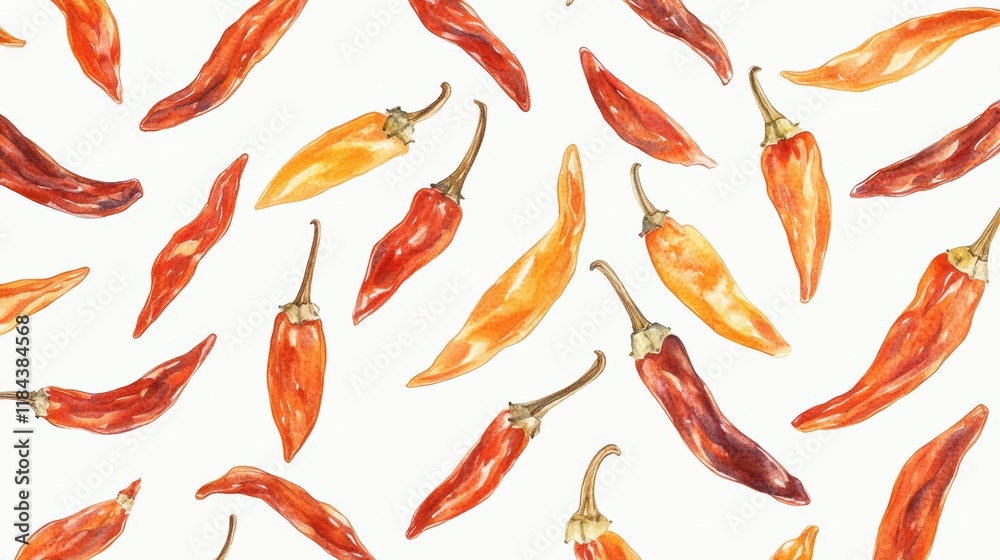Grid pattern of dried chili peppers, Chinese food ingredient, realistic style, top view, isolated on white background Grid pattern of dried chili peppers, Chinese food ingredient, realistic style, top view, isolated on white background