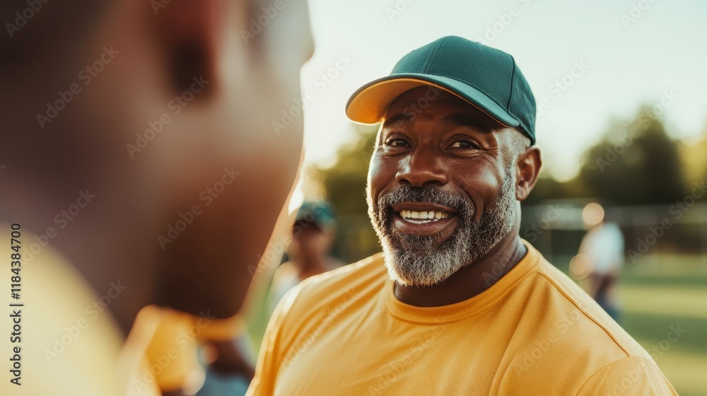 A cheerful coach engages with his young team players during a practice session, emphasizing the importance of teamwork, encouragement, and positive relations in sports. A cheerful coach engages with his young team players during a practice session, emphasizing the importance of teamwork, encouragement, and positive relations in sports.
