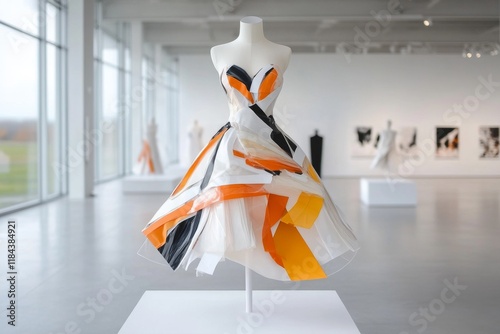 A striking piece of wearable art: a dress designed entirely from upcycled plastic and fabric scraps