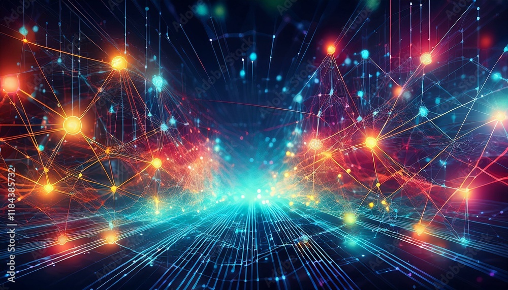 Naklejka premium Artificial intelligence digital network with interconnected nodes and lines graphic technology background