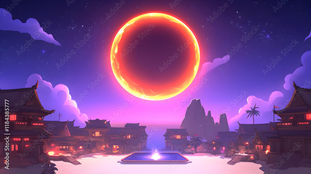 Naklejka premium Fantasy Village, Night Sky, Celestial Illustration