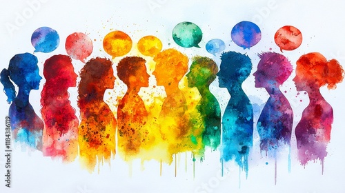 Colorful Silhouettes of Diverse People Communicating with Speech Bubbles in a Vibrant Watercolor Style Representing Connection and Interaction