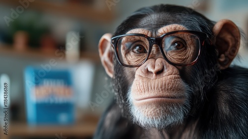 A serious-looking monkey in fashionable glasses, providing a humorous yet adorable depiction of animal personality, showcasing the blend of style and charm in animal photography. photo