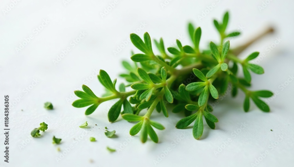 Dried thyme portion on a white marble or stone surface, mineral, herb, natural Dried thyme portion on a white marble or stone surface, mineral, herb, natural