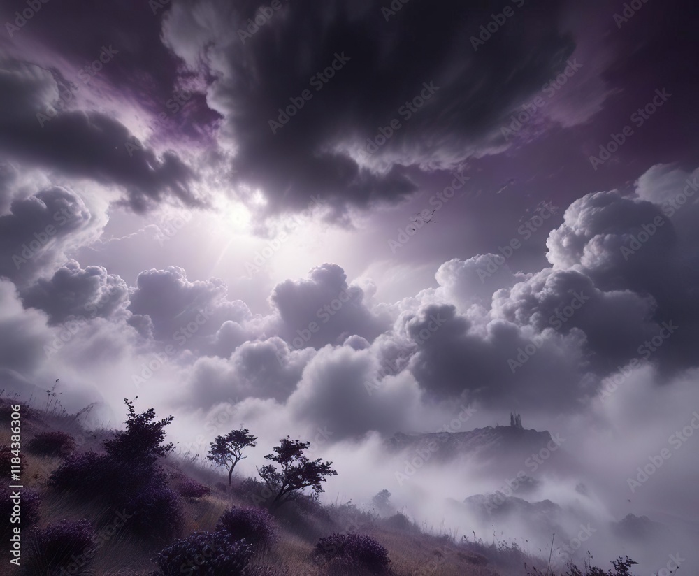 Fototapeta premium Deep purple and grey hues blending into a cloudy, misty atmosphere with wispy clouds , misty, cloudy, purple