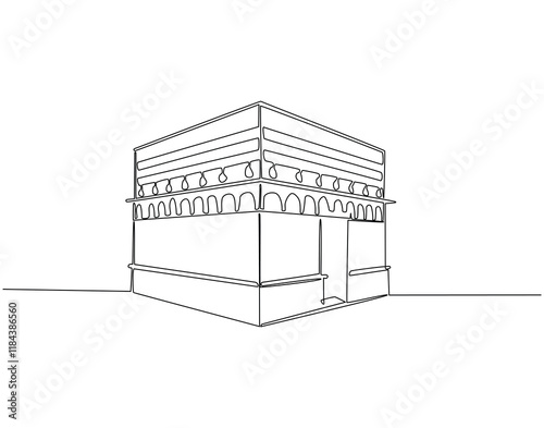 Continuous line drawing of kaaba mecca. Single line illustration of islamic kaaba. Umrah, holy place concept. Editable outline