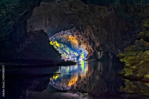 Kong Lor Cave in Phu Hin Bun National Park, Laos- Khammouane Province, Laos. Boat rafting in beautiful caves photo