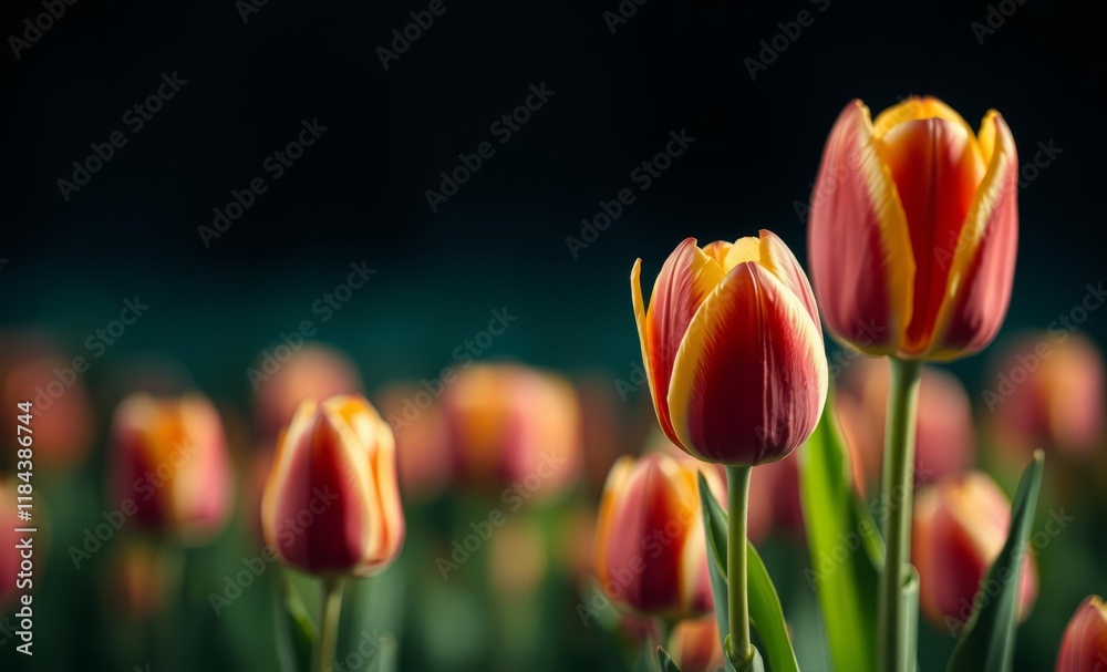 Vibrant orange and yellow tulips, close-up photography, soft focus background, golden hour lighting, bokeh effect, dark teal backdrop, spring garden scene, macro lens, shallow depth of field, warm col Vibrant orange and yellow tulips, close-up photography, soft focus background, golden hour lighting, bokeh effect, dark teal backdrop, spring garden scene, macro lens, shallow depth of field, warm col
