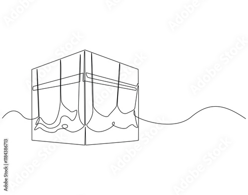 Continuous line drawing of kaaba mecca. Single line illustration of islamic kaaba. Umrah, holy place concept. Editable outline