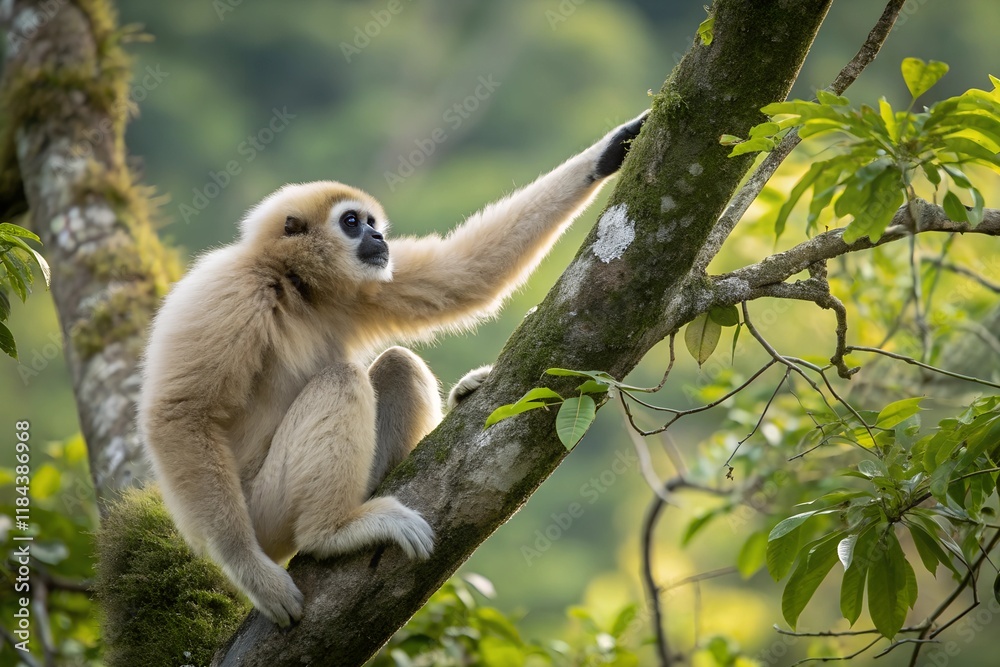Fototapeta premium White Gibbon rest on tree branch.