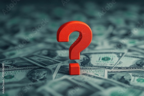 A red question mark positioned on scattered US dollar bills, representing concepts of financial doubt, economic crisis, and monetary concerns.