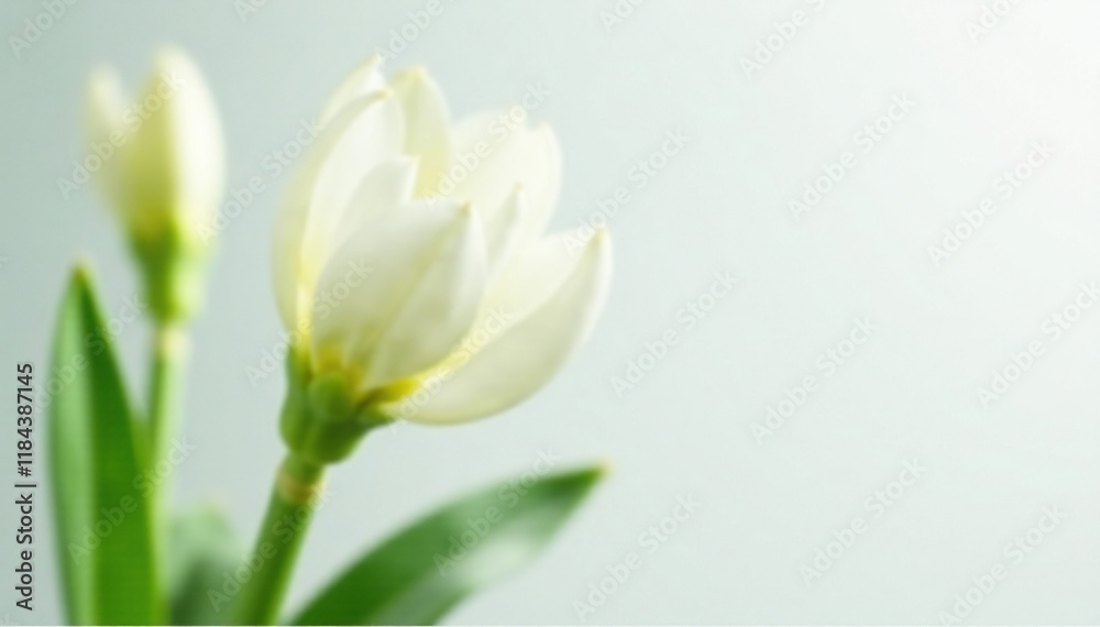 Fototapeta premium Delicate white petals unfolding on green stems, buds, stem, white
