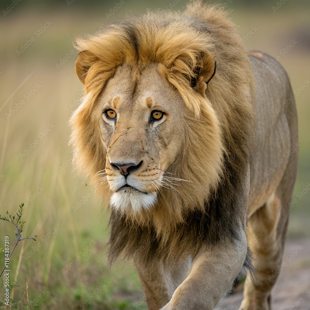 Fototapeta premium Majestic lion walking gracefully across a meadow