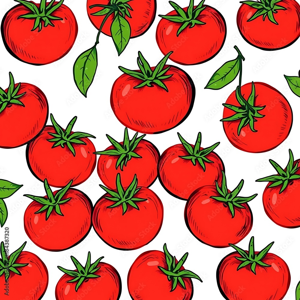 Seamless pattern of hand-drawn red tomatoes and green leaves on white background. Seamless pattern of hand-drawn red tomatoes and green leaves on white background.