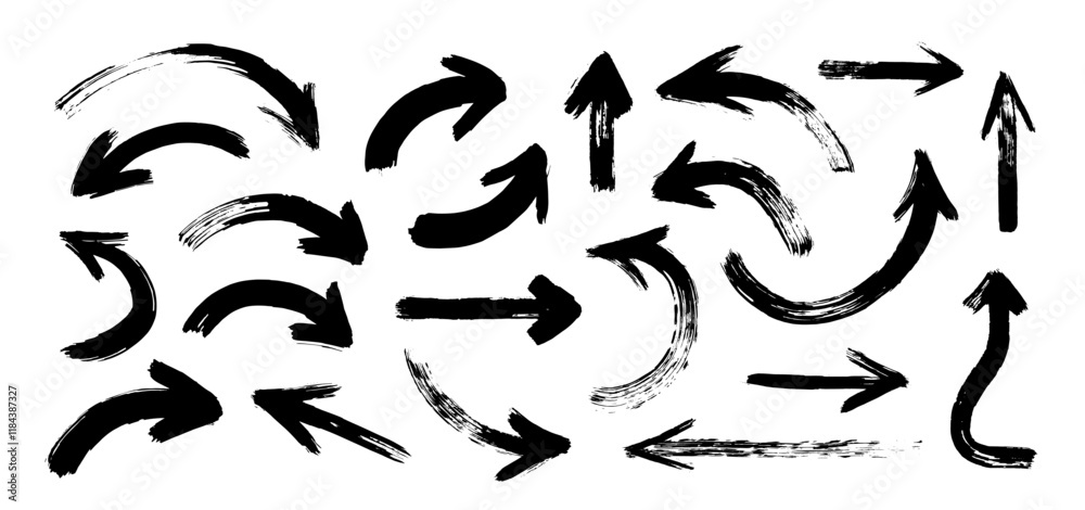 Set of different grunge brush arrows, pointers.Hand drawn paint object for use in your design.Vector illustration. Collection of grunge hand drawn doodle thick arrows in different directions.