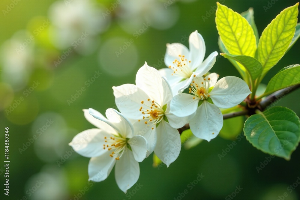 Fototapeta premium Delicate white blooms on Philadelphus branches, delicate petals, flowering shrubs, yellow green leaves