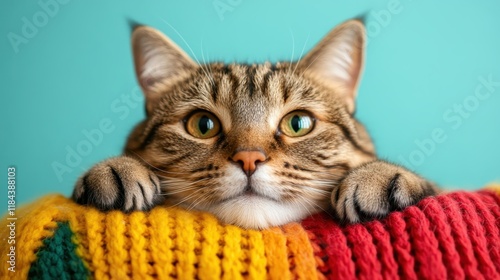 This adorable striped cat rests its head on a vibrant blanket, showcasing its expressive eyes and playful demeanor in a cozy, inviting setting filled with joy. photo