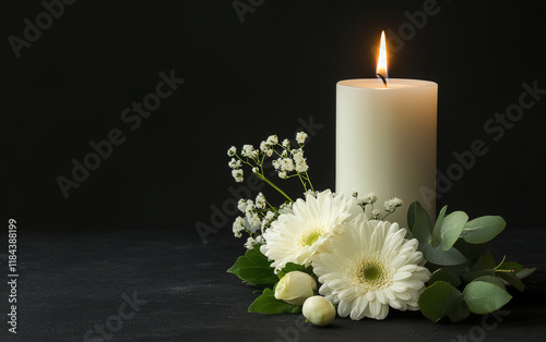 A white candle and flowers on a black background