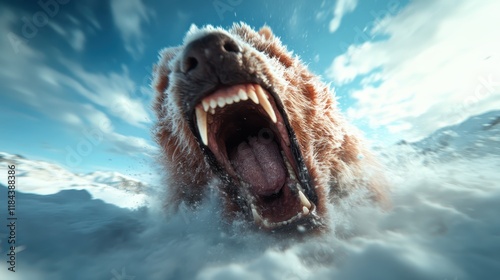 A powerful close-up of a roaring bear against a snowy backdrop, encapsulating the wild spirit and raw emotion of nature's fierce inhabitants in action. photo