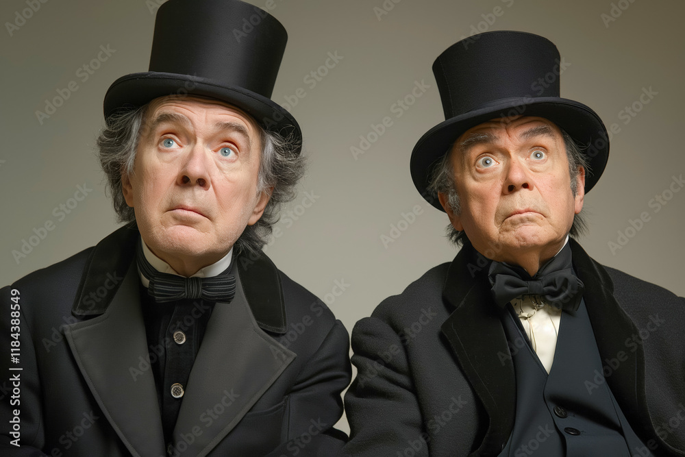 Two elderly men in top hats with surprised expressions Two elderly men in top hats with surprised expressions