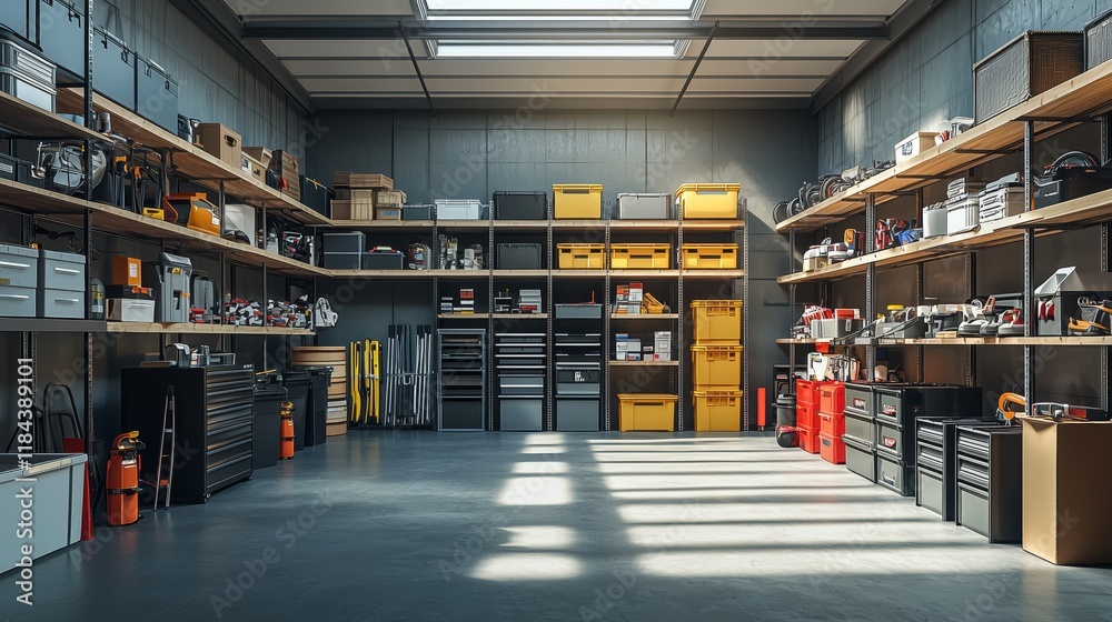 Organized Workshop Interior with Shelving and Tools in Bright Space Organized Workshop Interior with Shelving and Tools in Bright Space
