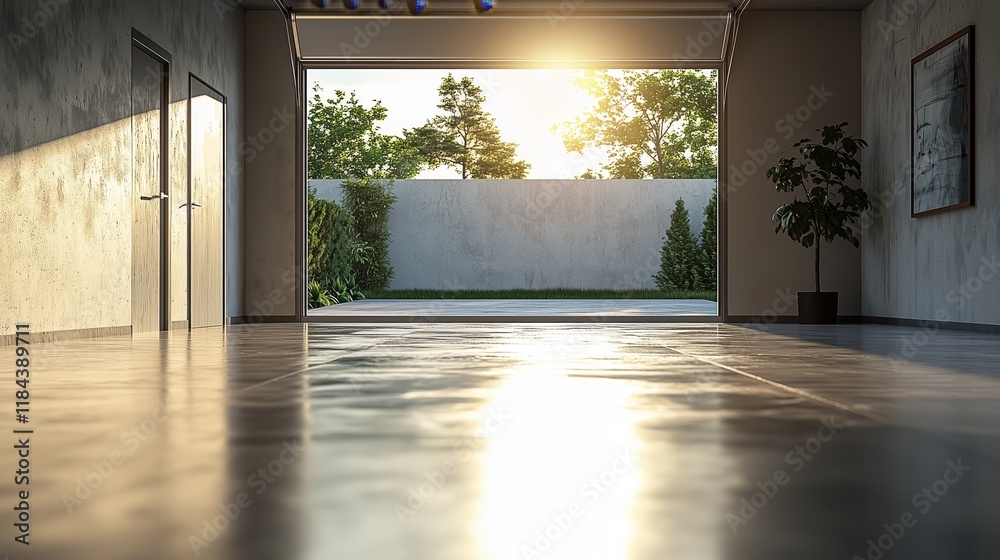 Fototapeta premium Bright Sunlight Streaming Through Open Garage Door at Sunset
